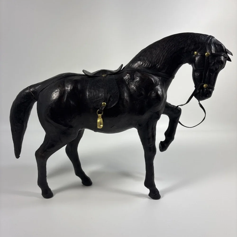 Vintage Leather Wrapped Horse Figurine 16 X 11 In Black Equestrian Western Decor